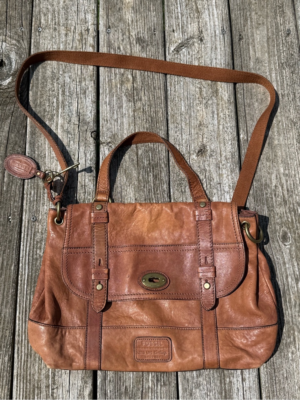 Fossil Cognac Brown Leather Satchel with Crossbody Strap
